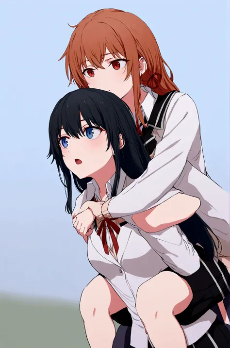 2 grils mother yuigahama  giving yukino yukinoshita piggyback ride, blue eyes black long hair piggyback ride,