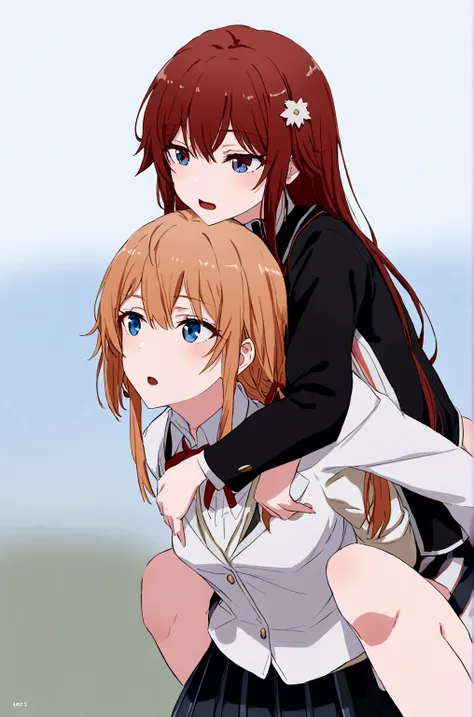 2 grils mother yuigahama  giving yukino yukinoshita piggyback ride, blue eyes black long hair piggyback ride,