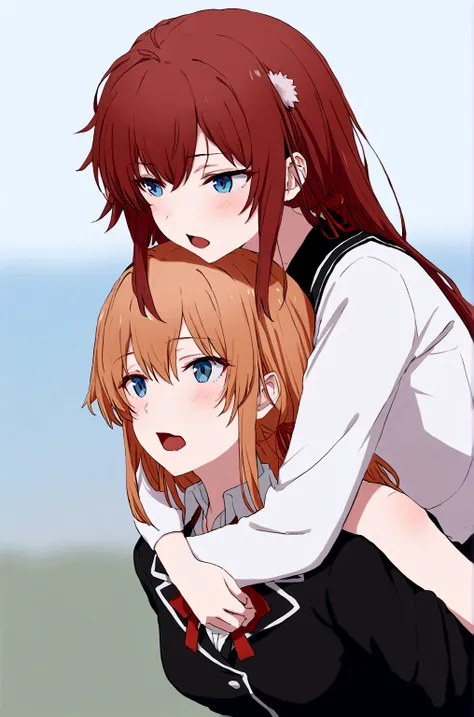 2 grils mother yuigahama  giving yukino yukinoshita piggyback ride, blue eyes black long hair piggyback ride,