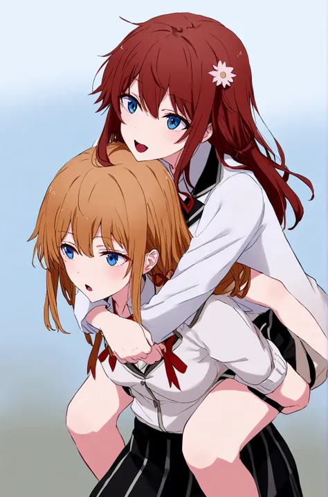 2 grils yukino yukinoshita giving mother yuigahama   piggyback ride, blue eyes black long hair piggyback ride,