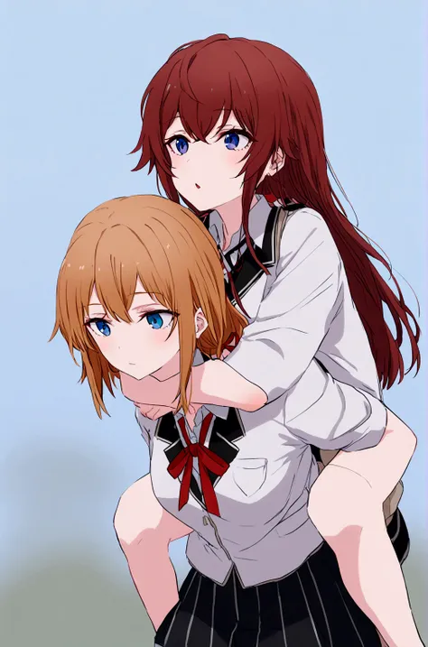 2 grils yukino yukinoshita giving mother yuigahama   piggyback ride, blue eyes black long hair piggyback ride,