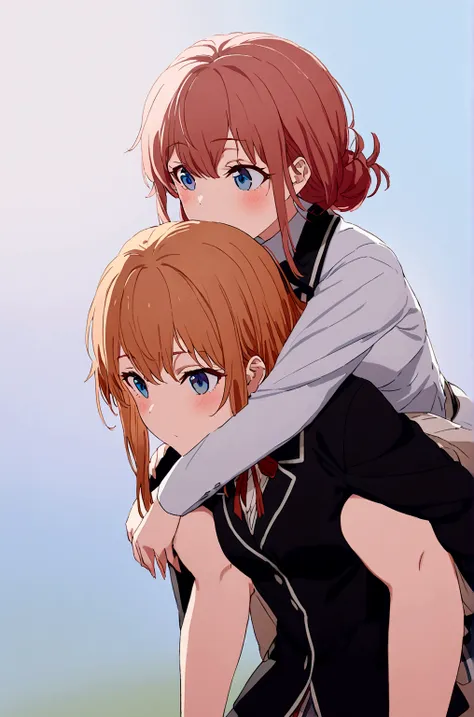 2 grils mother yuigahama  giving yukino yukinoshita piggyback ride, blue eyes black long hair piggyback ride,