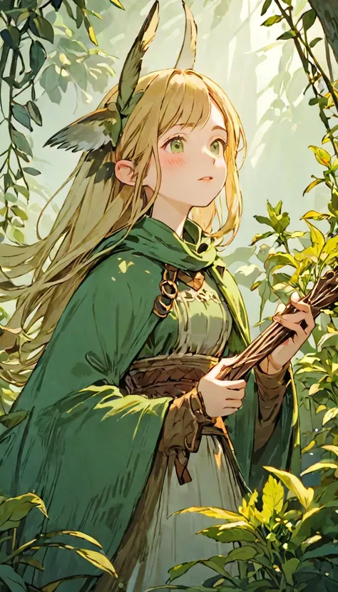 a beautiful female adventurer with bird-like ears, singing and harvesting herbs with her eyes closed, 1girl, intricate details, ...