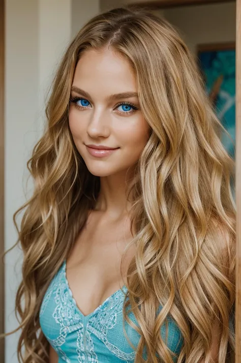 a striking woman with long, curly blonde hair cascades down her back in waves, framing her fair skin and bright, piercing blue eyes. She often wears a gentle smile that lights up her face.