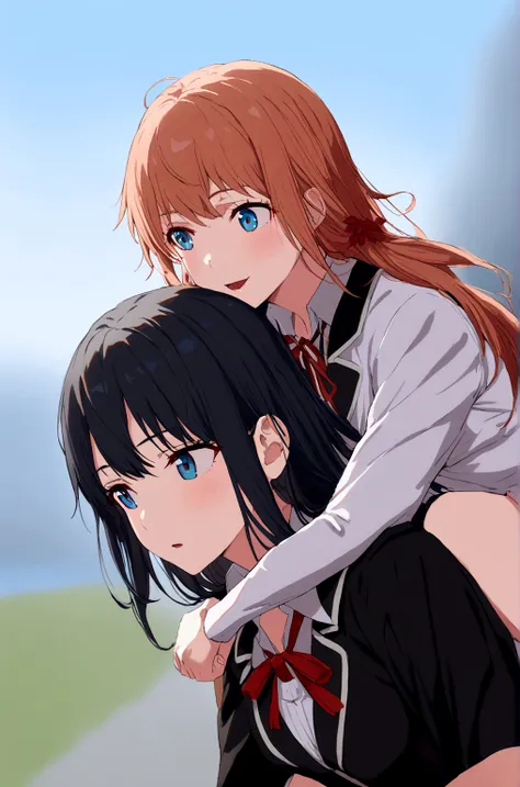 2 grils mother yuigahama  giving yukino yukinoshita piggyback ride, blue eyes black hair piggyback ride,