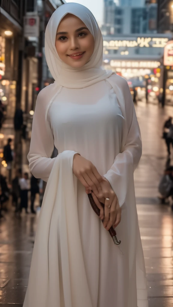 a beautiful young woman with hijab, a gentle sweet smile, holding a transparent umbrella, rain in the city street, photorealisti...