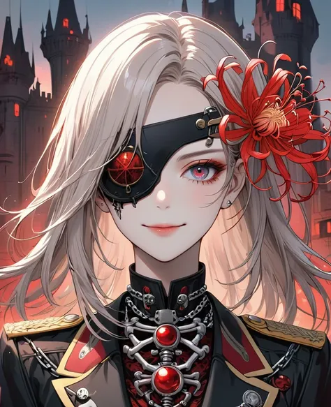 (digital illustration，detailed anime style，heavy metal cyberpunk，pearl tassel eye mask，portrait of girl wearing mask eye patch，s...