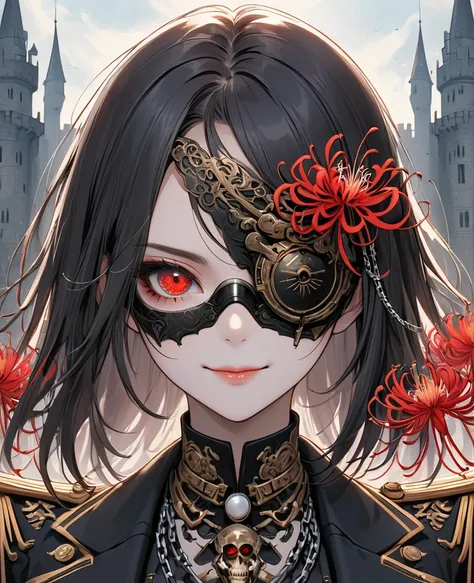 (digital illustration，detailed anime style，heavy metal cyberpunk，pearl tassel eye mask，portrait of girl wearing mask eye patch，s...