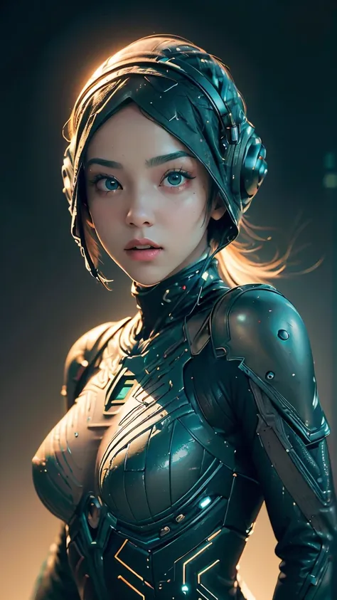 ((Best quality)), ((masterpiece)), (detailed:1.4), 3D, a beautiful cyberpunk female figure with VAIL or HIJAB, (full-coverage electronic leather suit), light particles, pure energy chaos anti-technology, HDR (high dynamic range), ray tracing, NVIDIA RTX, S...