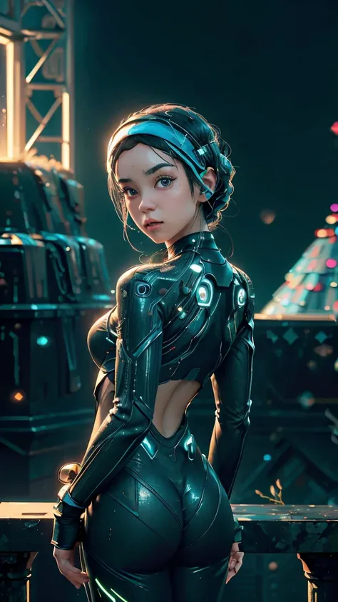 ((Best quality)), ((masterpiece)), (detailed:1.4), 3D, a beautiful cyberpunk female figure with VAIL or HIJAB, (full-coverage electronic leather suit), light particles, pure energy chaos anti-technology, HDR (high dynamic range), ray tracing, NVIDIA RTX, S...