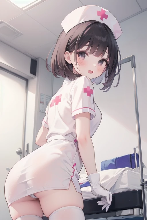 1girl, solo, nurse, nurse cap, white wear, ((white legwear, zettai ryouiki)), white gloves, pink hair,  drooping eyes, ((covered nose)), standing, ((hospital room)), sharp outline, short sleeves, best quality, masterpiece，Fleshy，Brown eyes，Fleshy，Black hai...