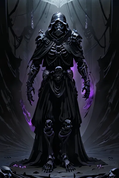 (full body:1.4).skeleton with purple lights in eye sockets.(realistic illustration:1.3),((dark fantasy:1.4)).((male:1.4)) ((blac...