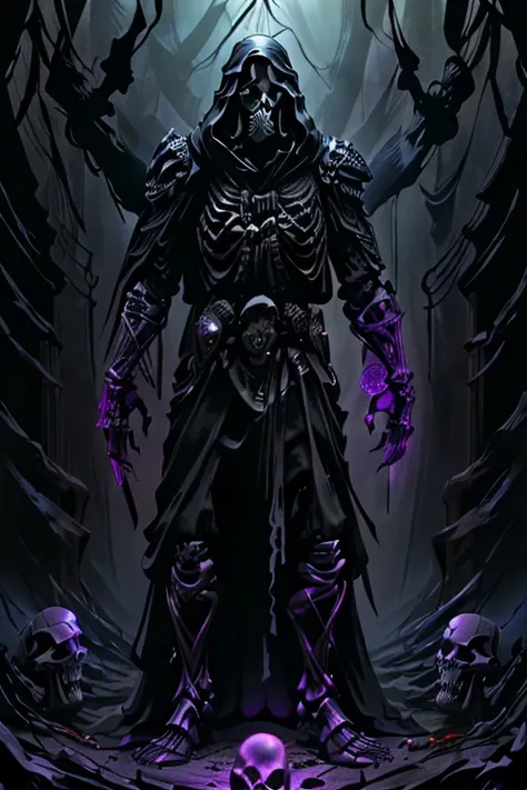 (full body:1.4).skeleton with purple lights in eye sockets.(realistic illustration:1.3),((dark fantasy:1.4)).((male:1.4)) ((blac...