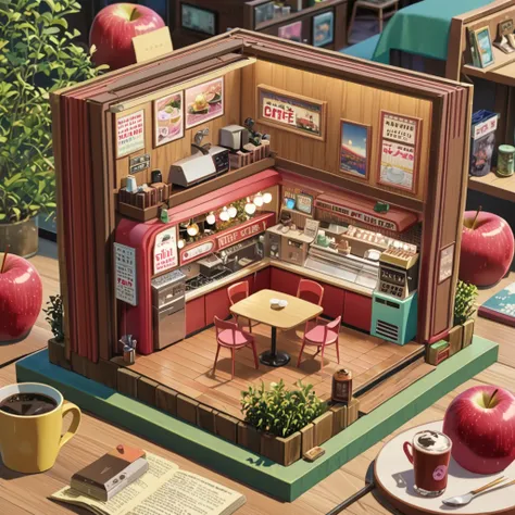 ((anime:1.4,illustration)),(masterpiece, top quality, best quality),(ultra-detailed, absolutely resolution),((16k, high res)),

(((a miniature of a model of a lofi cafe inside an apple, incredibly detailed, a microscopic photo, photorealism))

((cosy lofi ...