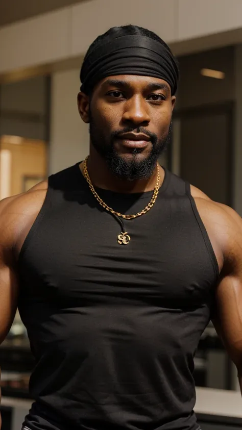 black man, buff, muscular, healthy, in his 30s, black bandana, gray trunk shirt, thin gold chain, beard, face front