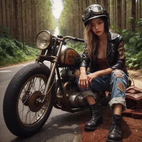 1950s, cafe racer, Japanese woman, riders wear, beautiful face, torn pants, very intricate details, metallic paint, single road in wilderness, (masterpiece, best quality:1.2), (8k uhd, 16k, 32k, ultra high res), realistic photo, taken with Fuji film X-T30+...