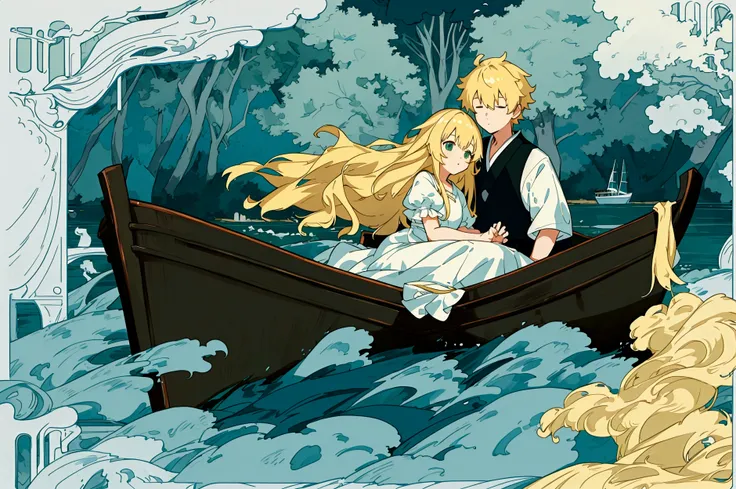 Anime Scene of girl and boy in a boat on a river, Anime Rush 8k Woods, Lofi art style, On the Lake, Created by Anime Painter Studio, beautiful Anime Scene, koto no ha no niwa, At the Lake, Beautiful peaceful scene in anime, Anime Background, Anime Scene, m...