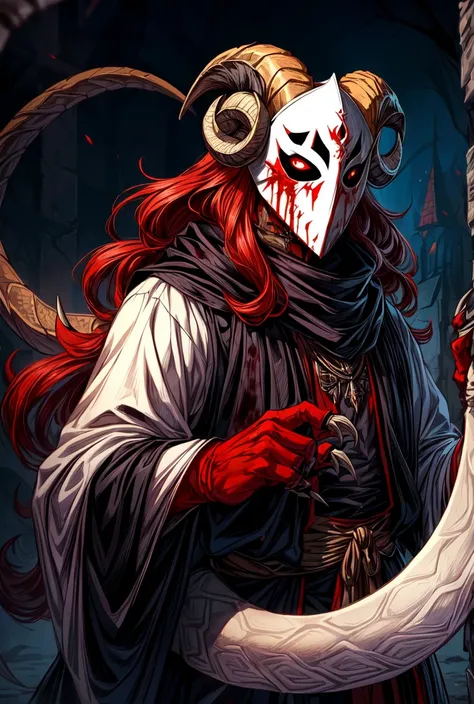 ((demon)), (((male))), male demon,  ((scary demon), (((wearing a scary white mask))), blood, (((ram curved horns))), long wavy red hair, (((slavic black full clothes))), medieval scarf, monster claws, snake tail