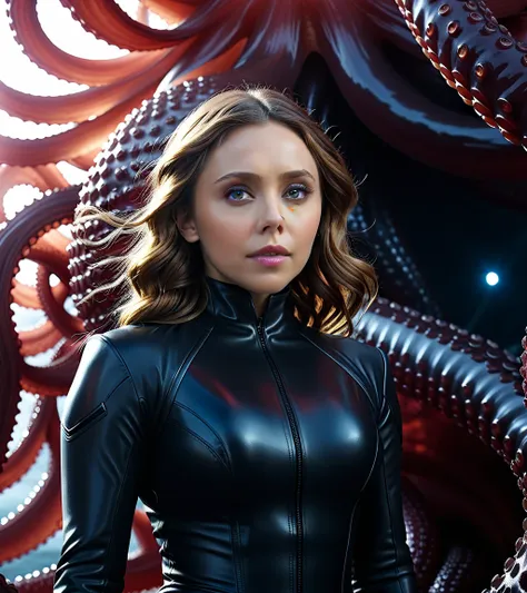 cinematic film still a woman in black standing in front of a large octopus, elizabeth olsen as black widow, an epic scifi movie ...