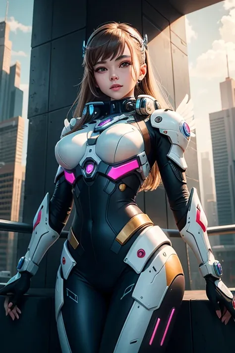 Woman in a futuristic suit standing in a futuristic city, Girl wearing mecha cyber armor, (Mechanized Valkyrie Girl), (Beautiful cyborg angel girl), Cyberpunk Girl Mecha, Unreal Engine Rendering + goddess, Cyberpunk Girl, Beautiful Caucasian girl cyborg、Me...