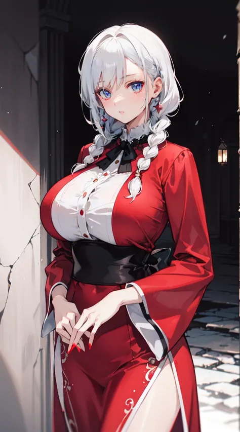 "4K, A dark ruin with no light., There was a mature and elegant woman., white hair, half braided hair, black eyes, Big breasted, wearing a magic  and a red robe., She looks cool, She has a seductive smile.."