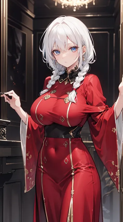 "4K, A dark ruin with no light., There was a mature and elegant woman., white hair, half braided hair, black eyes, Big breasted, wearing a magic  and a red robe., She looks cool, She has a seductive smile.."