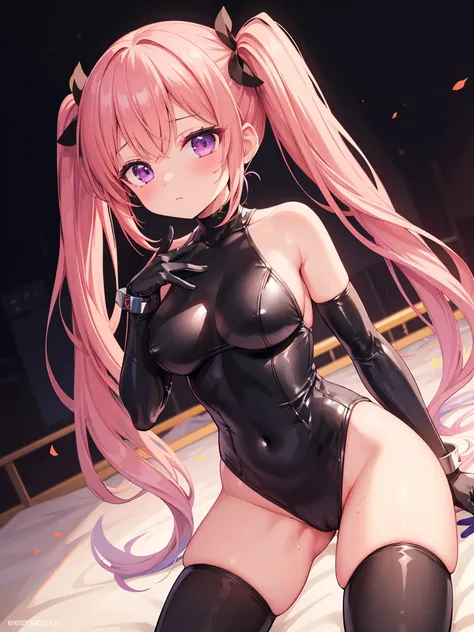 (8k, Highest quality, masterpiece:1.2), Highest quality, Shortcuts, Sharp details, this anime porn parody is very sexy and kinky looking! tag is a, 1girl, solo, purple eyes, long hair, twintails, gloves, bodysuit, thighhighs, breasts, elbow gloves