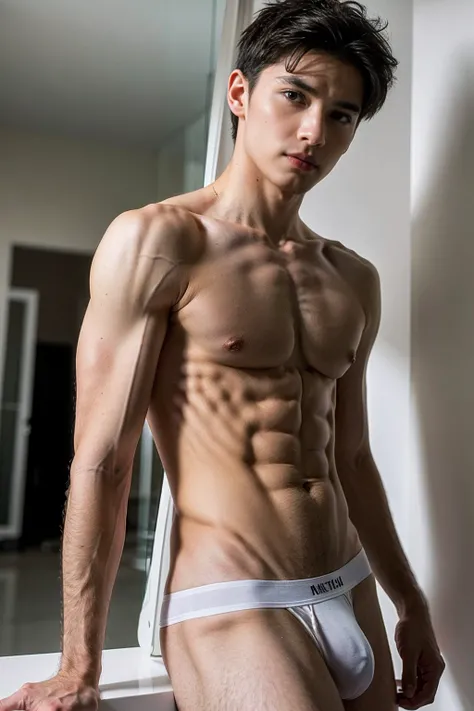 Masterpiece, Best quality, Solo,European Man,white wall background, skinny boy body, muscle body,sport body, big muscle, Handsome face,Black Hair Color,Natural eyes, athletic physique, slender, no body hair, He was wearing tight White Calvin Klein underwea...