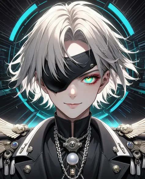 (digital illustration，detailed anime style，heavy metal cyberpunk，pearl tassel eye mask，portrait of short-haired boy wearing mask...