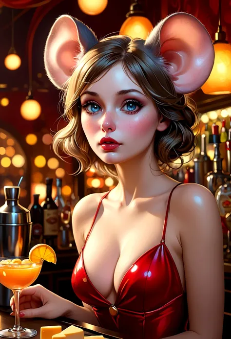 Mucha style , Hallucination, daydream , nightmare , Insane Dream , bokeh , erotica , realistic female mouse , round face , Seductive eyes , glossy lips , (Cleavage:0.9) , realistic long nose , Bar, Cocktails , cheese