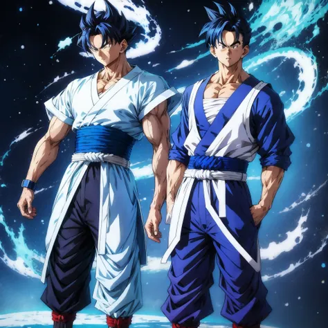 ,a man in a blue and white outfit with a blue belt around his waist and a blue and white background,son gohan