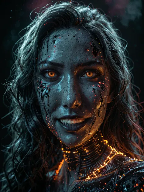 a portrait of a monster girl with a wide, sly smile with all of her pitch-black eyes facing upwards, scary , ultra wide-angle, Grainy , mysterious color , infrared lighting . Super detailed, photorealistic, splattered, spattered , cinematic light , black b...