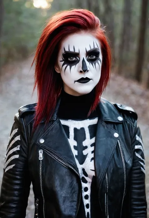 1 girl, "corpse paint" facepaint, bob haircut with long sides and back, red hair color, wearing leather jacket