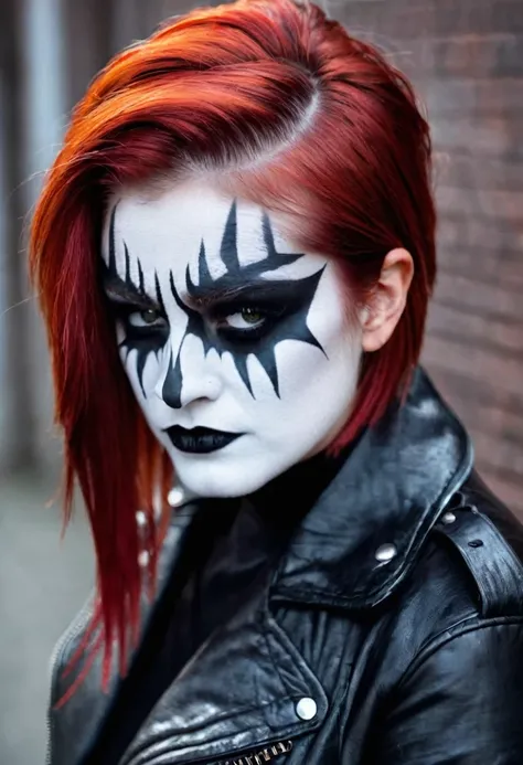 1 girl, "corpse paint" facepaint, bob haircut with long sides and back, red hair color, wearing leather jacket