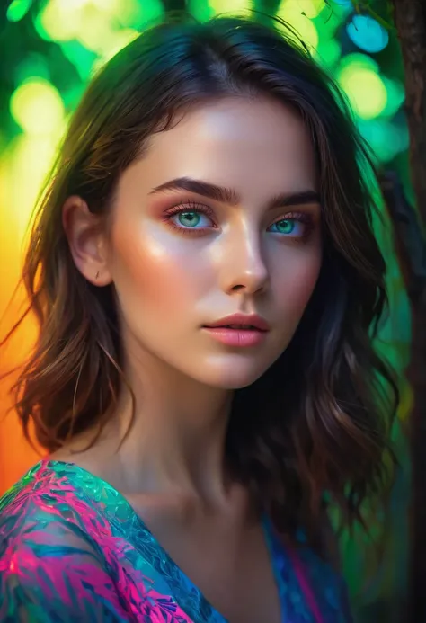 Ultra-detailed portrait of a young charming woman with delicate facial features and expressive eyes, gracefully sitting under a tree in bright neon colors with gobo effect. Bright light and shadows from blinds add visual interest, creating intricate patter...