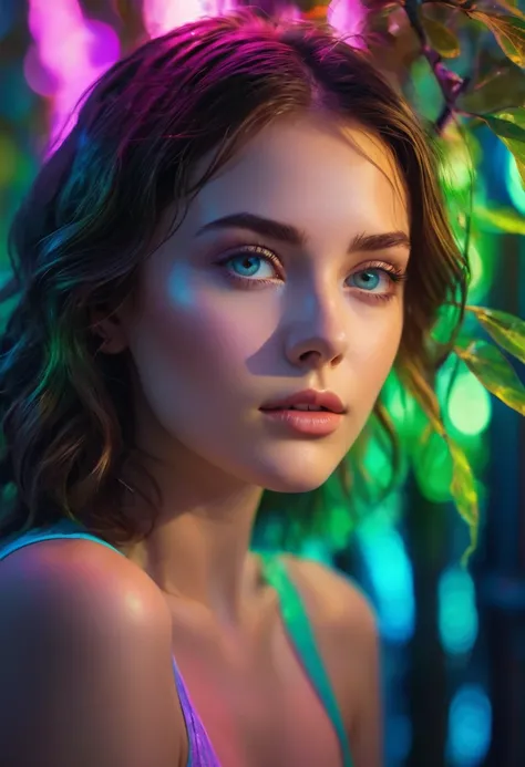 Ultra-detailed portrait of a young charming woman with delicate facial features and expressive eyes, gracefully sitting under a tree in bright neon colors with gobo effect. Bright light and shadows from blinds add visual interest, creating intricate patter...