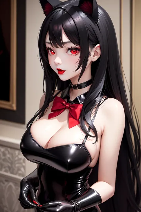 1 girl、Detailed facial details，Cat ear，Black long hair,red lips，Slim，Large Breasts，Wearing black latex tights，silk stockings，With red bow tie，Go Eat，Charming red eyes,，handcuffs，collar，Radiant Skin，Bright restaurant，