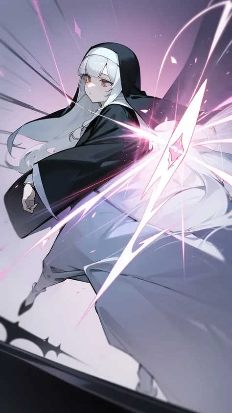 Character (mature) (hair bangs) (white long hair) (white pale skin) (black nun-style clothing) (character in dynamic pose) (perspective angle taken) (casting spell) (ethereal background)