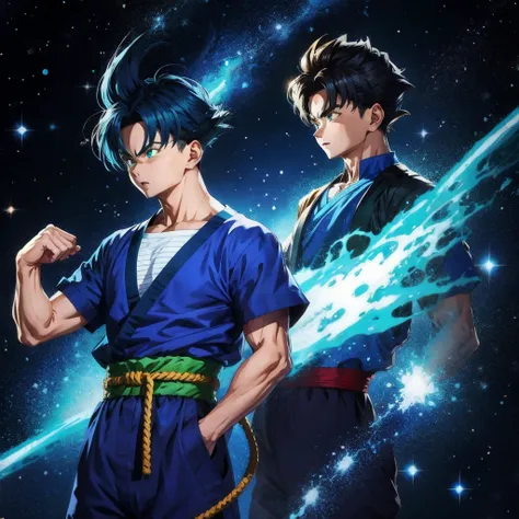 solo ,a man in a blue and green outfit with a blue belt around his waist and a blue and galaxy background,son gohan