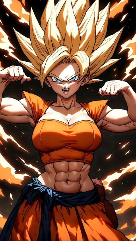 ((Action-filled depiction of Goku in Super Saiyan mode from Dragon Ball)), with bright, (explosive background effects), rendered in the style of Rossdraws and Stanley Artgerm Lau.(((Sexy woman))), sexy bosom, (feminine face), provocative, monkey tail on hi...