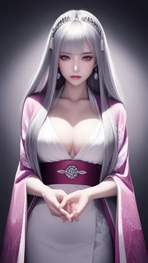 (masterpiece, top quality, 1 female, solo, exquisite details, chromatic aberration), (realistic), (skin), ((breath)), (silver hair, blunt bangs, long straight hair, trimmed bangs), exquisite hair, red japanese headdress, blue highlights, hair over one eye,...