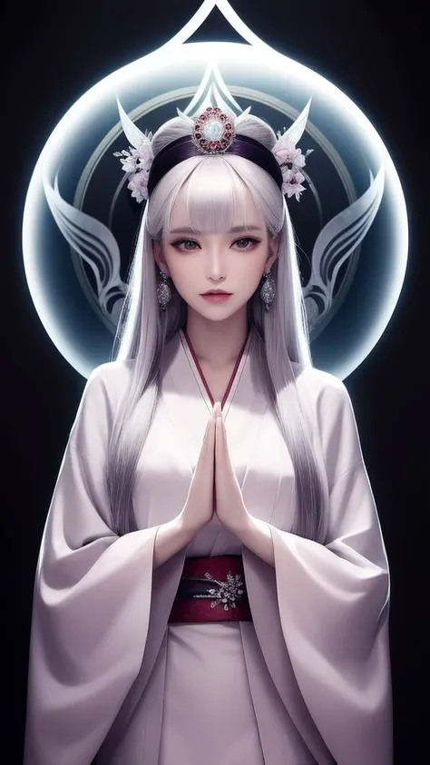 (masterpiece, top quality, 1 female, solo, exquisite details, chromatic aberration), (realistic), (skin), ((breath)), (silver hair, blunt bangs, long straight hair, trimmed bangs), exquisite hair, red japanese headdress, blue highlights, hair over one eye,...