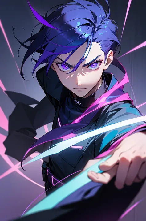 1guy,dark blue hair,light violet left eye,wearing black neon violet strike
