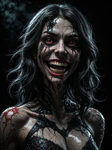 a portrait of a monster girl with a wide, sly smile with all of her pitch-black eyes facing upwards, scary , ultra wide-angle, Grainy , mysterious color , infrared lighting . Super detailed, photorealistic, splattered, spattered , cinematic light , black b...