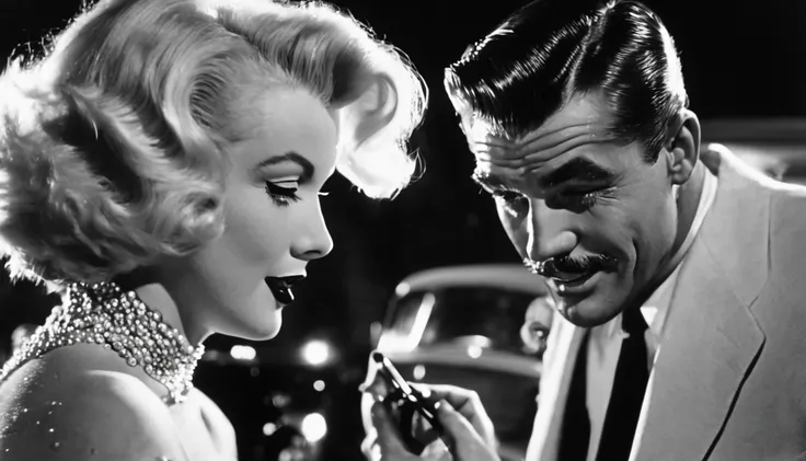 a vintage film still of Marilyn Monroe with makeup looking at Clark Gable with glasses and clean shaving outside a hollywood matinee at night, film poster