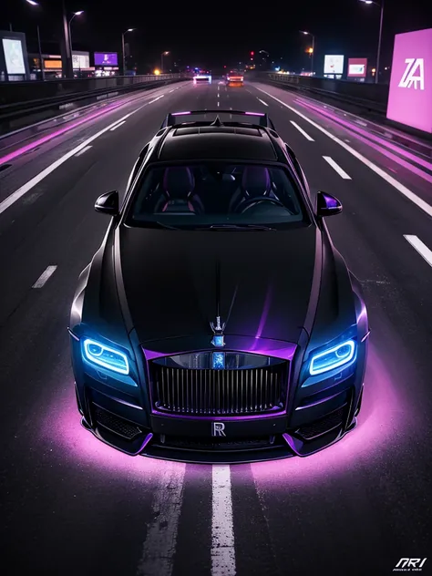 medium shot of black autonomous next generation rolls Royce with vossen wheels and ultra wide body kit, design inspired by Tokyo Drift car detailing, glowing purple car headlights and underlight, driving through the night streets of Hongkong, automotive ph...