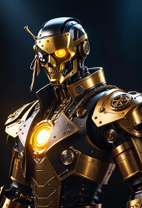 a cyberpunk pirate robot with glowing golden eyes, (Single eye patch:1.3), highly detailed mechanical body, intricate metal armor, leather outfit, steampunk accessories, dramatic lighting, moody dark background, hyper detailed, 8k, photorealistic, cinemati...