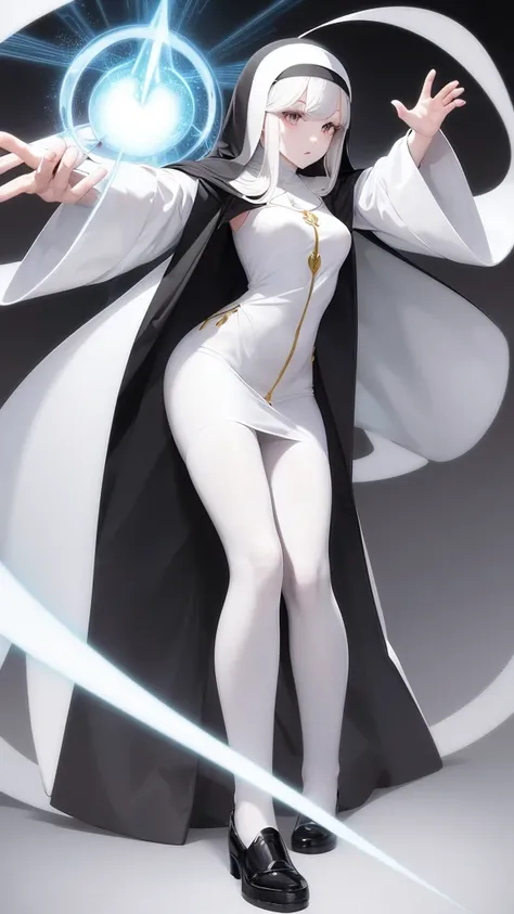 Character (mature) (hair bangs) (white long hair) (white pale skin) (black nun-style clothing) (character in dynamic pose) (perspective angle taken) (casting spell) (ethereal background)