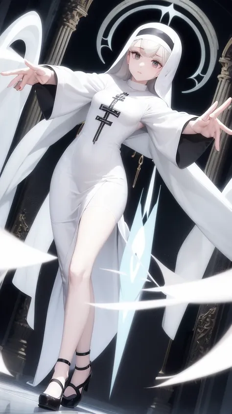 Character (mature) (hair bangs) (white long hair) (white pale skin) (black nun-style clothing) (character in dynamic pose) (perspective angle taken) (casting spell) (ethereal background)