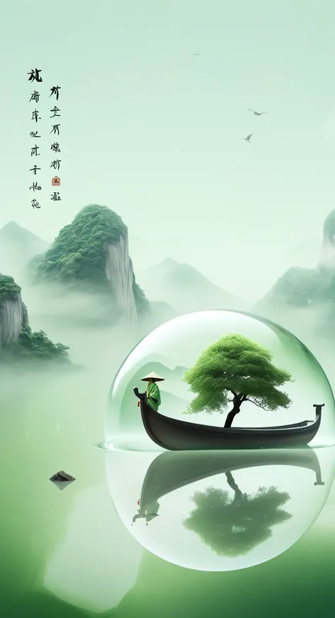 Minimalism, large areas of white space, mountain shapewater reflection, perspective aesthetics, light green, soft gradientcolors, a minimalist painting from ancient China, a  small boattransparent model, macro zoom, veil, veil material, pure whitebackgroun...